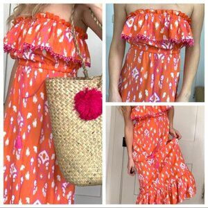 MUD‎ PIE Maxi Dress Strapless Pink Pom Poms Ikat  Ruffle Tassles Womens Size XL